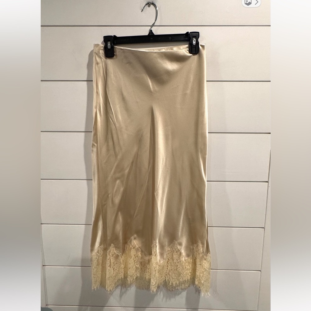 Reformation Cream Satin Midi Slip Skirt with Lace Hem - Picture 3 of 10